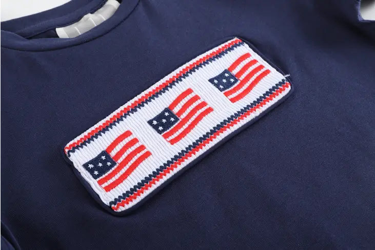 Navy American Flag Smocked Tee and Star Shorts Set
