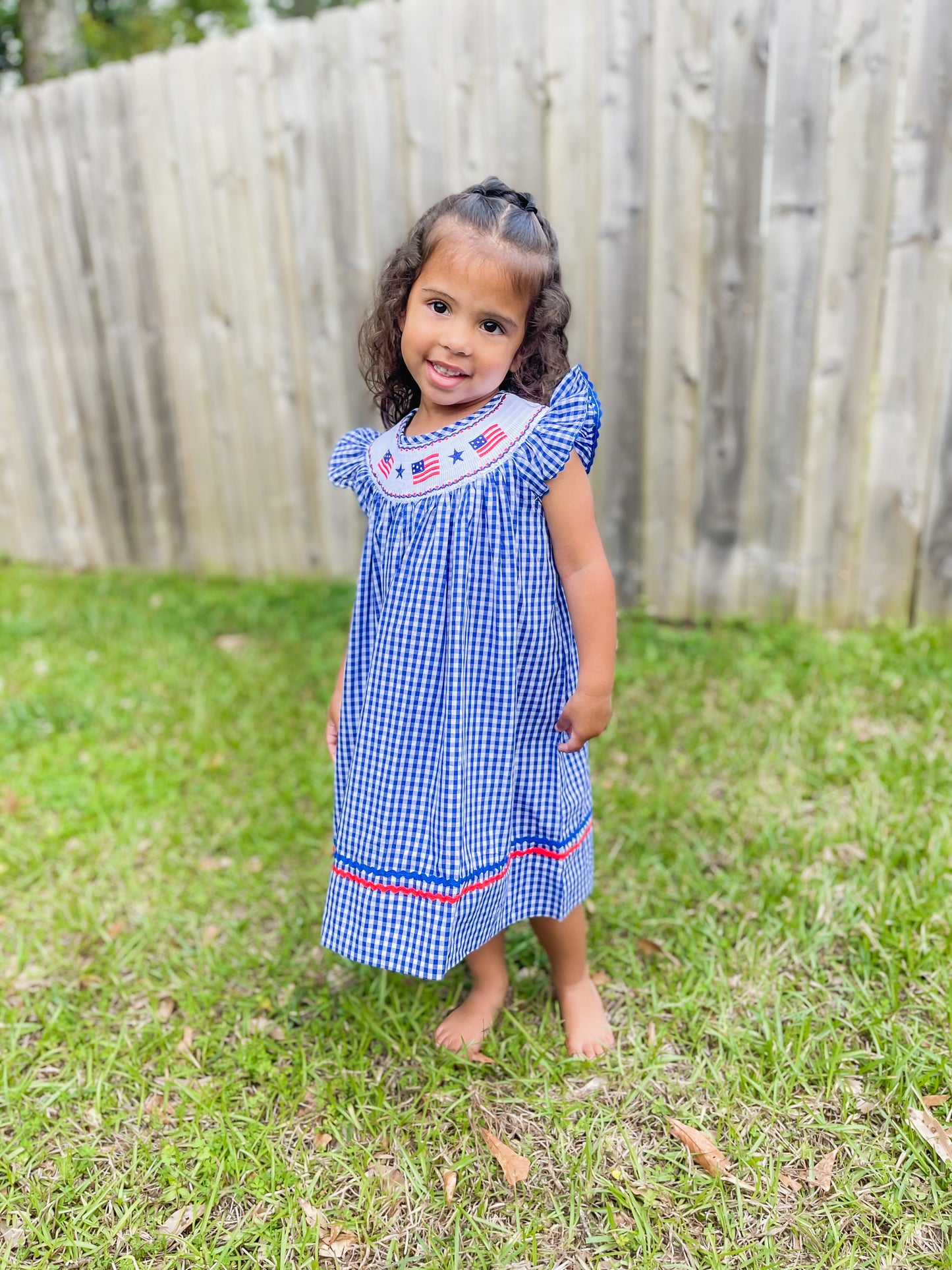 Gingham American Flag Smocked Bishop Dress