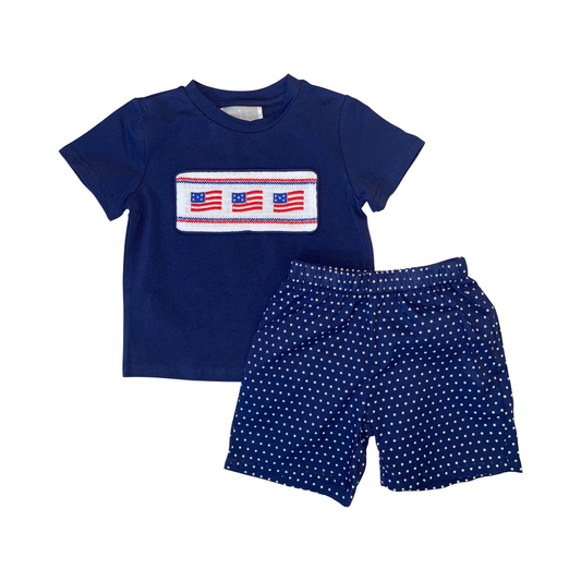 Navy American Flag Smocked Tee and Star Shorts Set